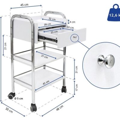 Trolley With Drawer And 2 Wooden Shelves, Metal Frame